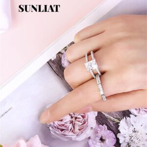 SUNLIAT Engagement Rings for Women Bridal Set,925 Sterling Silver Princess Cut Cubic Zirconia Wedding Band Ring Sets, Promise Rings for Her Simulated Diamond Anniversary Rings