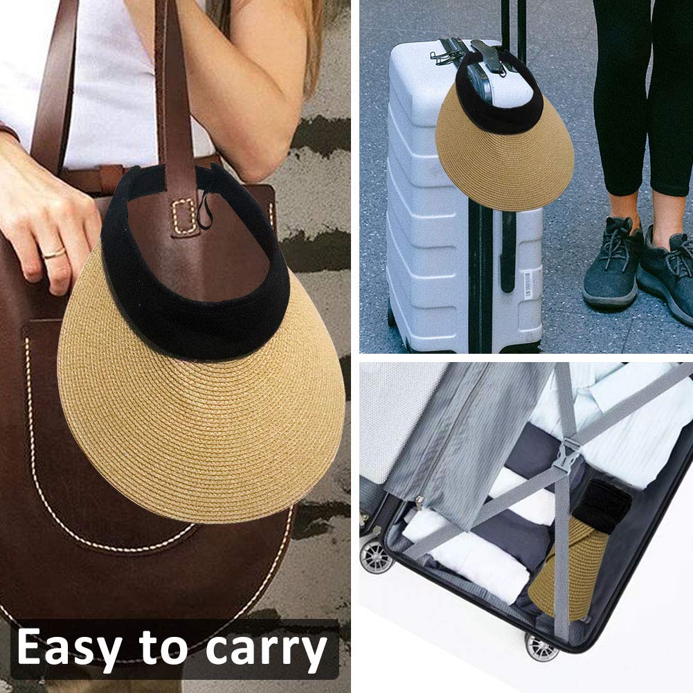 Women Straw Sun Visor Hat Wide Brim Summer UV Protection Beach Cap Foldable Packale Korean Style Khaki