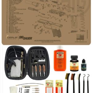 EDOG Range Warrior 27 Pc Gun Cleaning Kit - Compatible with Sig Sauer P365 Tan - Schematic (Exploded View) Mat, Range Warrior Universal .22 9mm - .45 Kit & Tac Book Accessories Set