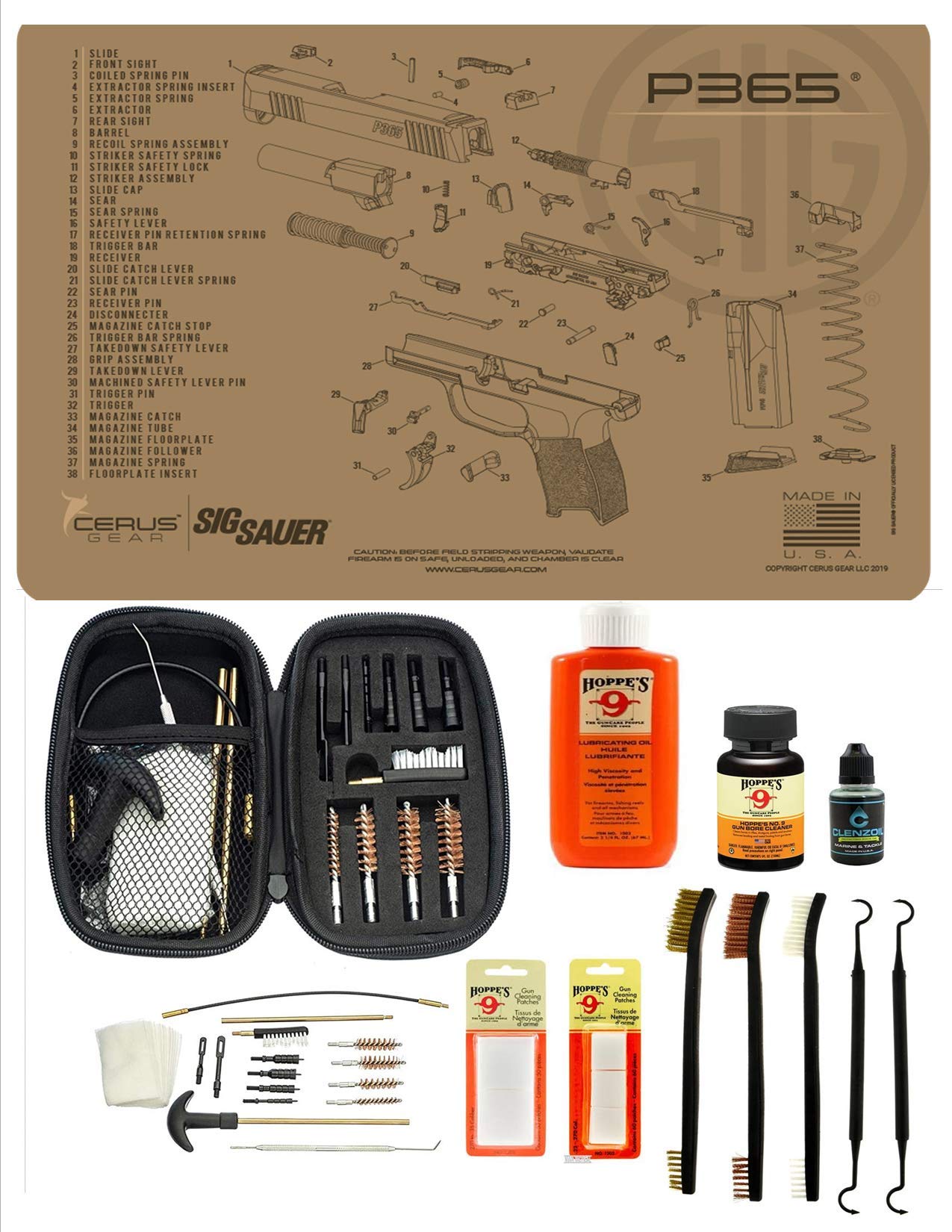 EDOG Range Warrior 27 Pc Gun Cleaning Kit - Compatible with Sig Sauer P365 Tan - Schematic (Exploded View) Mat, Range Warrior Universal .22 9mm - .45 Kit & Tac Book Accessories Set