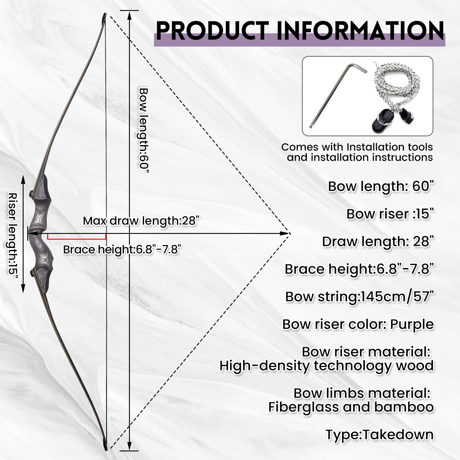 OBTOUTDOOR Archery Takedown Longbow 60inch 20lbs-60lbs Right Hand Traditional Wood Hunting Bows for Target Shooting Practice (40)