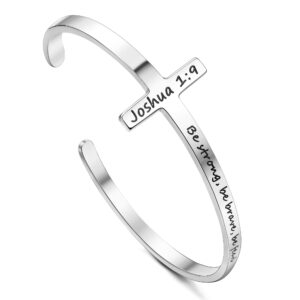 Jewenova Inspirational Cross Bracelet for Women Stainless Steel Religious Cuff Bangle Bible Verse Christian Bracelet for Women Engraved Bracelet, Joshua 1:9