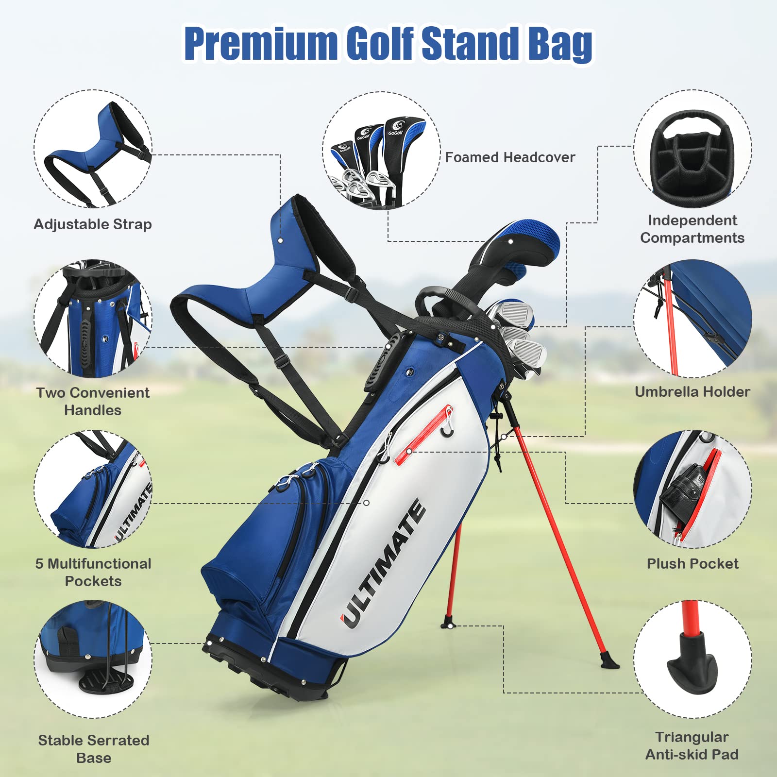 Tangkula Complete Golf Clubs Package Set 10 Pieces for Men & Women Right Hand, Includes 460cc Alloy Driver, 3# Fairway Wood, 4# Hybrid, 6#, 7#, 8#, 9# & P# Irons, Putter, Stand Bag (Blue)