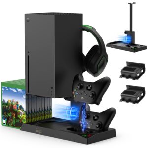 vertical cooling stand for xbox series x console - dual controller charging dock station with 2 pack 1400mah batteries & game rack storage organizer and gaming headphones holder for xbox series x