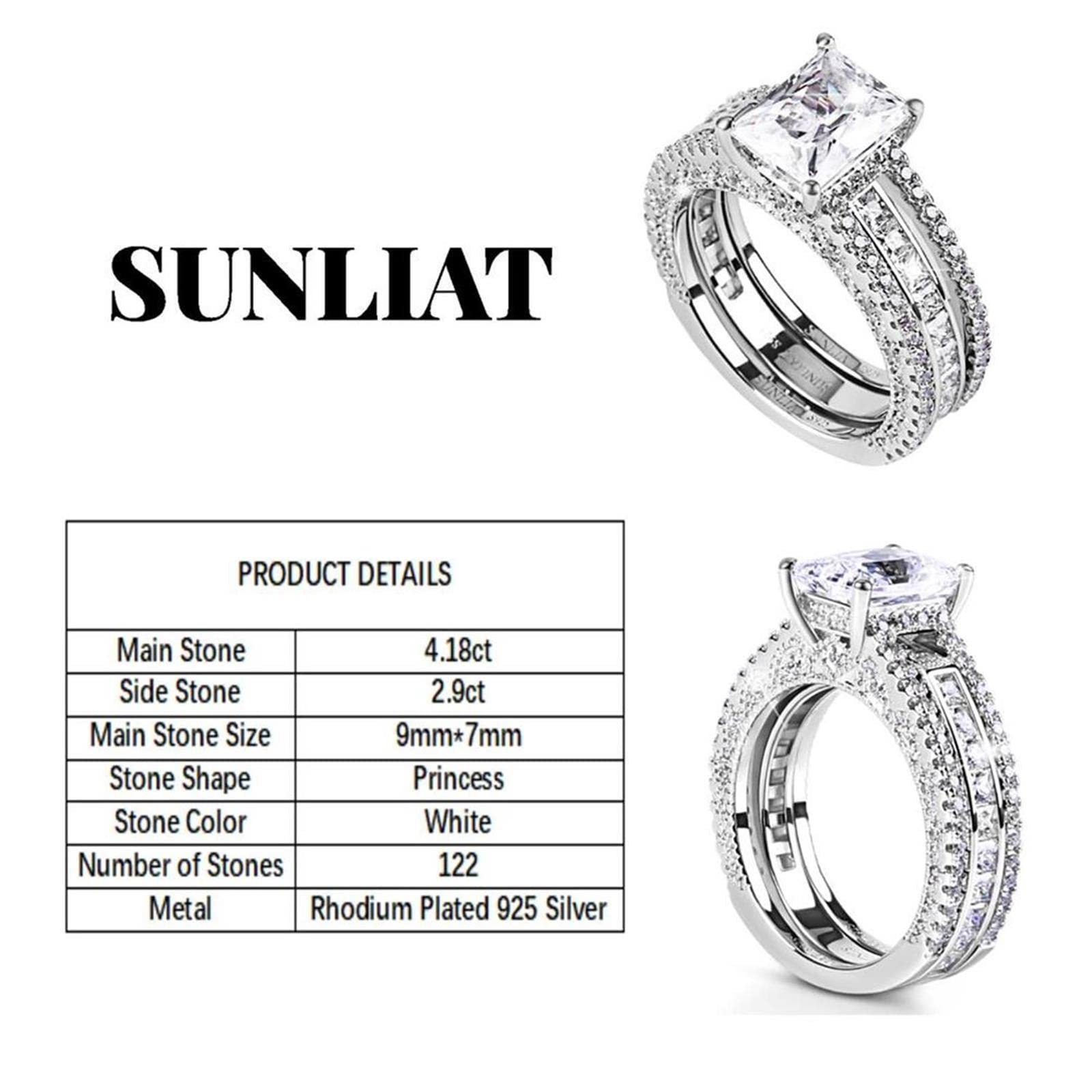 SUNLIAT Engagement Rings for Women Bridal Set,925 Sterling Silver Princess Cut Cubic Zirconia Wedding Band Ring Sets, Promise Rings for Her Simulated Diamond Anniversary Rings