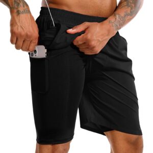 tenjoy men's 2 in 1 running shorts 7" quick dry gym athletic workout shorts for men with phone pockets black