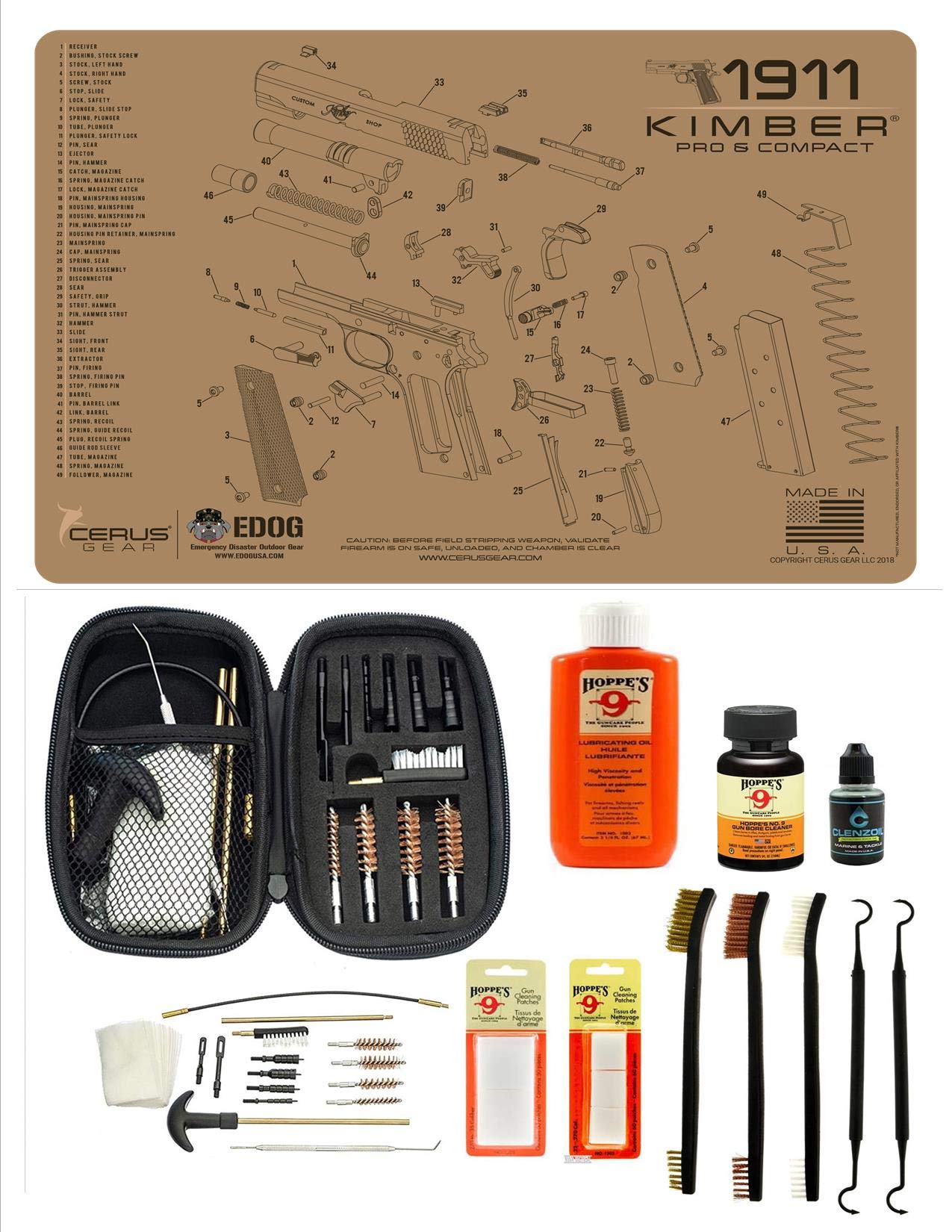 EDOG Range Warrior 27 Pc Gun Cleaning Kit - Compatible with Kimber 1911 Compact & Pro - Tan - Schematic (Exploded View) Mat, Range Warrior Universal .22 9mm - .45 Kit & Tac Book Accessories Set