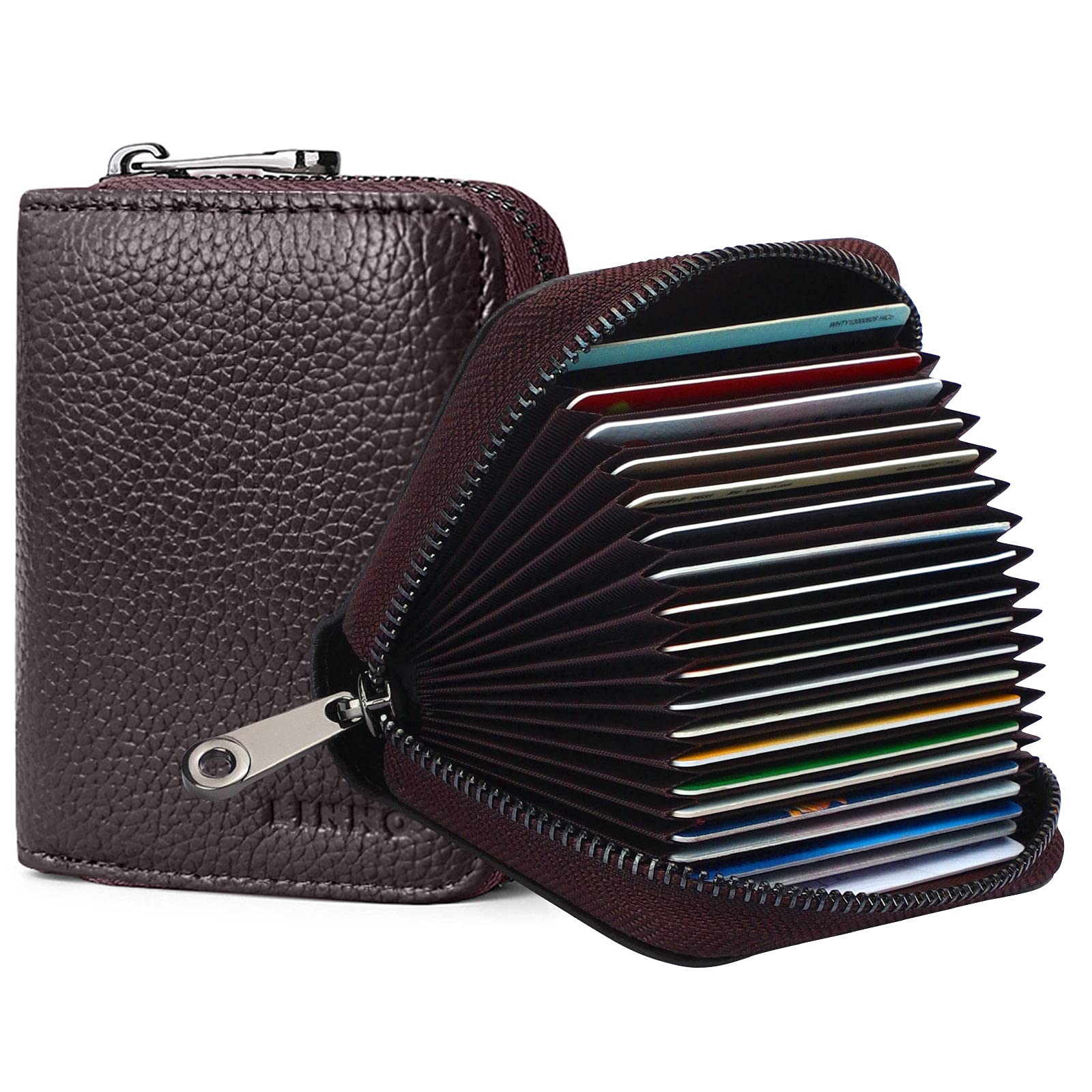 Linno RFID 20 Card Slots Credit Card Holder Genuine Leather Small Card Case for Women or Men Accordion Wallet with Zipper