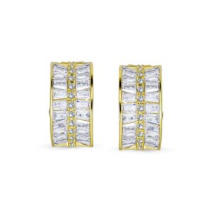 Art Deco Style Bridal Statement AAA CZ Half Hoop Baguette Earrings For Women Wedding Prom Holiday Formal Party Clip On Yellow Gold Plated