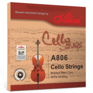 alice 4/4 cello strings set - braided steel core with ni-fe winding cello string for 4/4 cellos - clear & balanced tone, ideal for professionals (alice a806)