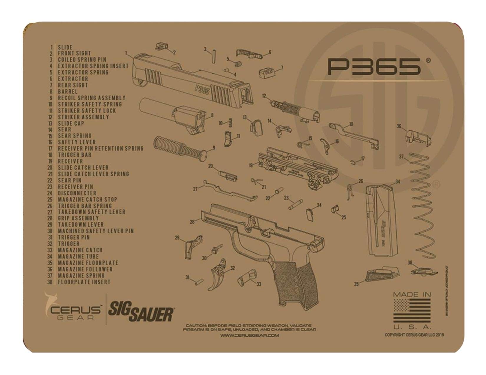 EDOG Range Warrior 27 Pc Gun Cleaning Kit - Compatible with Sig Sauer P365 Tan - Schematic (Exploded View) Mat, Range Warrior Universal .22 9mm - .45 Kit & Tac Book Accessories Set