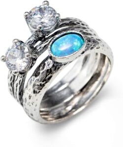 joolala 1 carat round white cubic zirconia and oval blue fire opal stylish ring in 925 sterling silver - for women, size 5