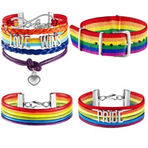 Hicarer 4 Pieces Rainbow Gay Pride Bracelet LGBT Handmade Love Wins Bracelet Pride Braided Bracelet Adjustable Nylon Watch Strap Wristband for Men Women