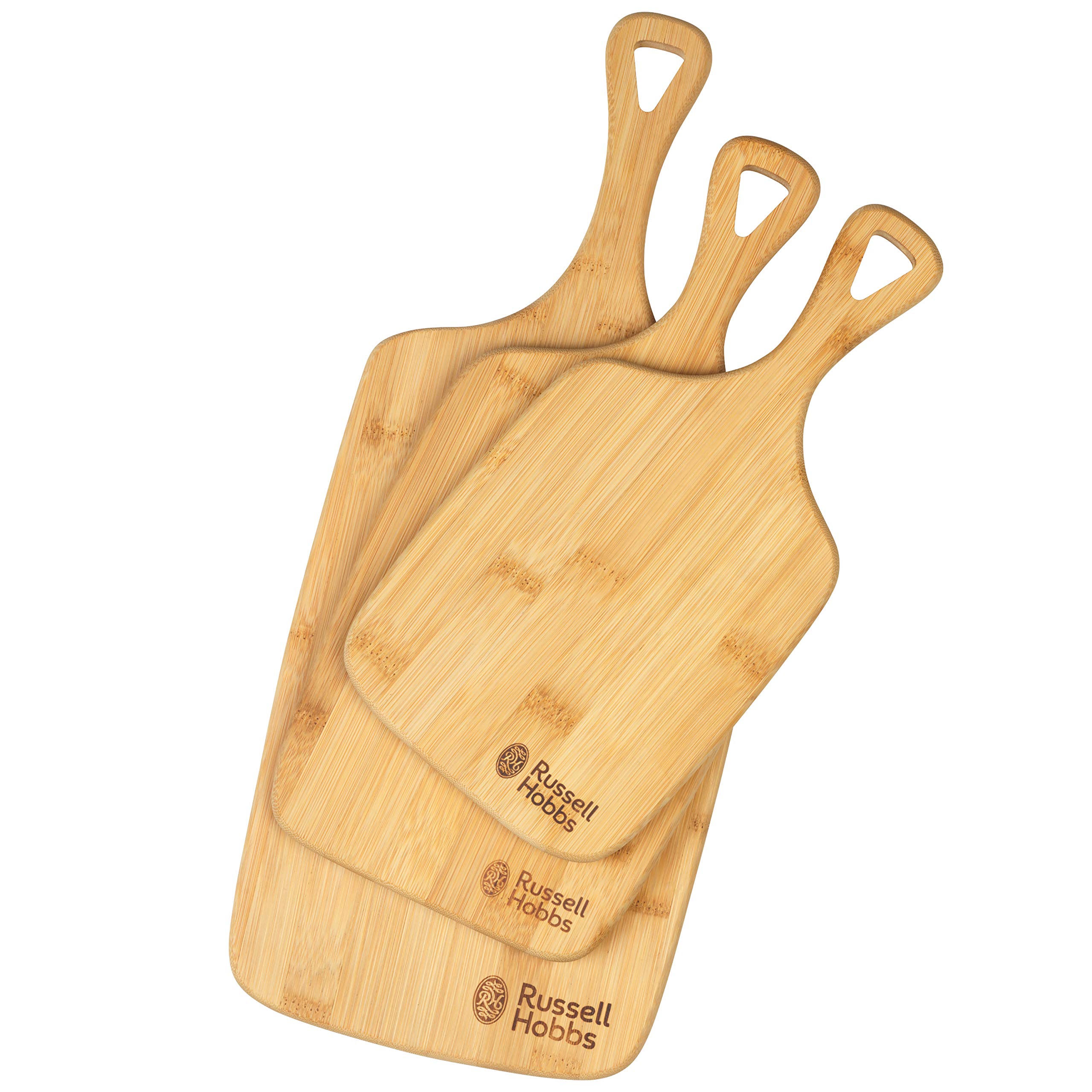 Russell Hobbs RH01971EU 3 Piece Bamboo Chopping Board Set - Reversible Paddle, Food Preparation & Charcuterie Platter Cheese Board Set, Strong & Durable, Grazing Board, 30/35/45cm With Hanging Holes