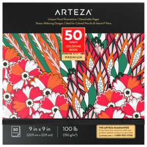 ARTEZA Adult Coloring Book, Floral Designs, 9x9 Inches, Stress-Relieving Coloring Pages with 50 One-Sided Images, 100 lb Paper