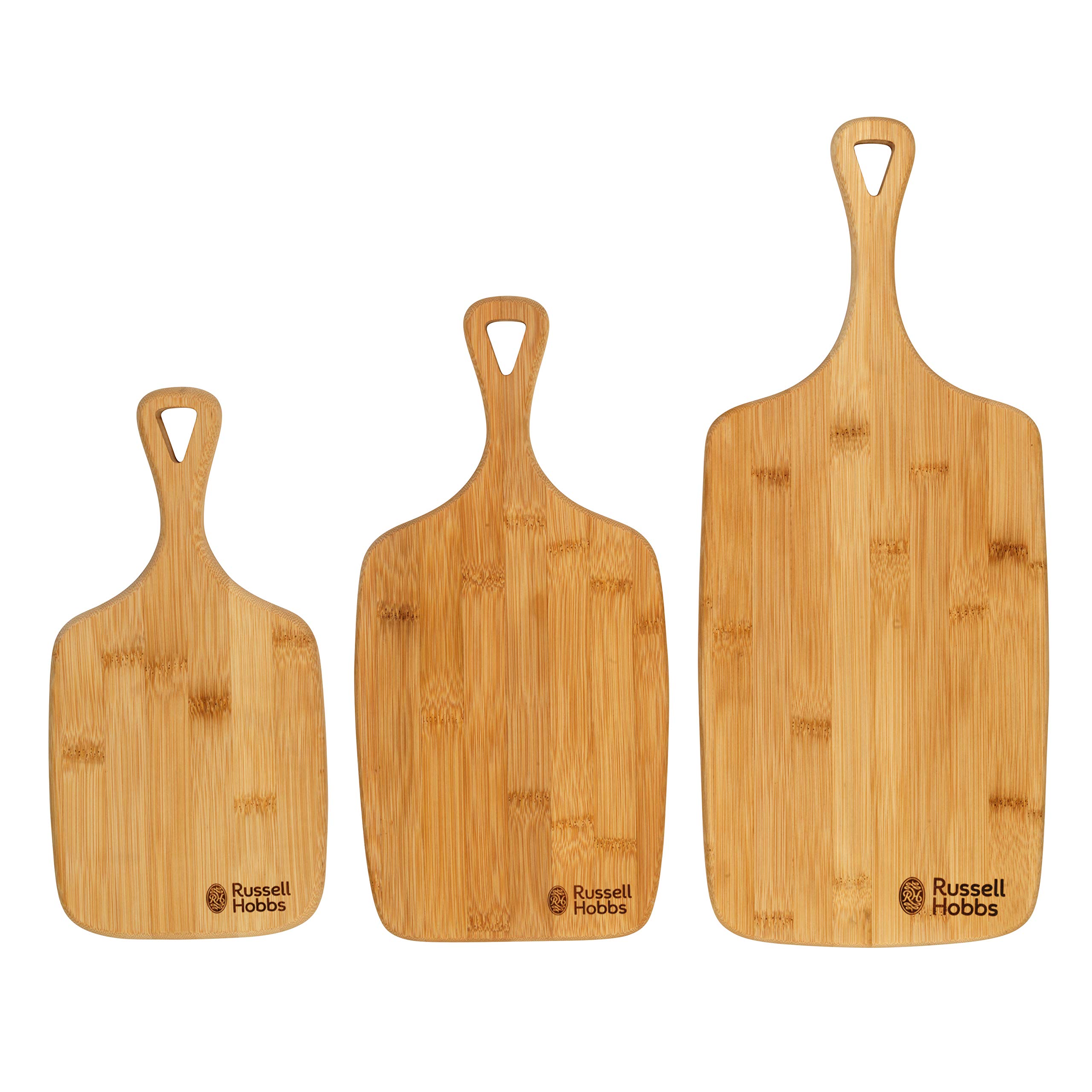 Russell Hobbs RH01971EU 3 Piece Bamboo Chopping Board Set - Reversible Paddle, Food Preparation & Charcuterie Platter Cheese Board Set, Strong & Durable, Grazing Board, 30/35/45cm With Hanging Holes