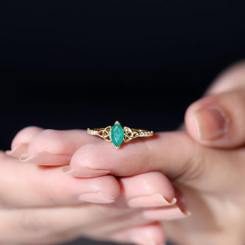 Rosec Jewels Natural Emerald Solitaire Celtic Knot Ring with Diamond, AAA Quality, Certified Emerald Diamond Promise Ring, 14K Yellow Gold, Size:US 7.00