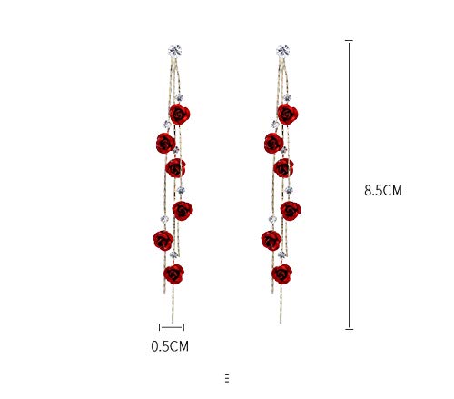 Red Rose Tassel Long Drop Earring 3D Rose Flower Drop Earrings CZ Crystal Rhinestone Rose Fashion Statement Dangle Earrings Purple Flower Tassel Earring Jewelry Bar Party Gifts for Women -Red A