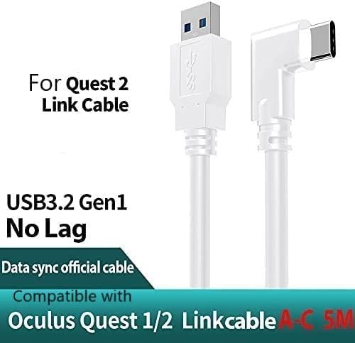 TNE 16ft Link Cable for Oculus Quest 2 & Quest 1 for PC Gaming & Charging | High Speed Data Transfer & Fast Charger Cord 90 Degree Angled Type C USB3.2 Gen1 to USB Type A Power Cable (16ft/5M, White)