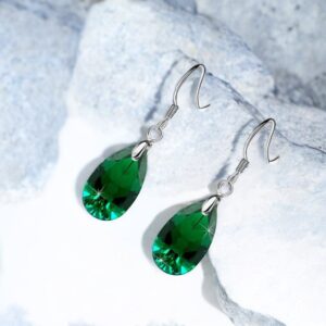 Teardrop Austrian Crystal Drop Dangle Earrings for Women 925 Sterling Silver Hypoallergenic Hook Earring (Emerald)