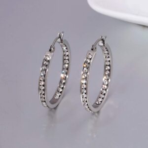 CiNily Silver Plated Stainless Steel Hoop Earrings Cubic Zirconia Earrings for Women Sensitive Ears 30 mm