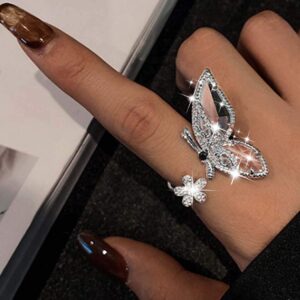 EVILD Rhinestone Butterfly Ring Bow-Knot Knuckle Ring Adjustable Open Ring Expandable Joint Ring for Women (A)