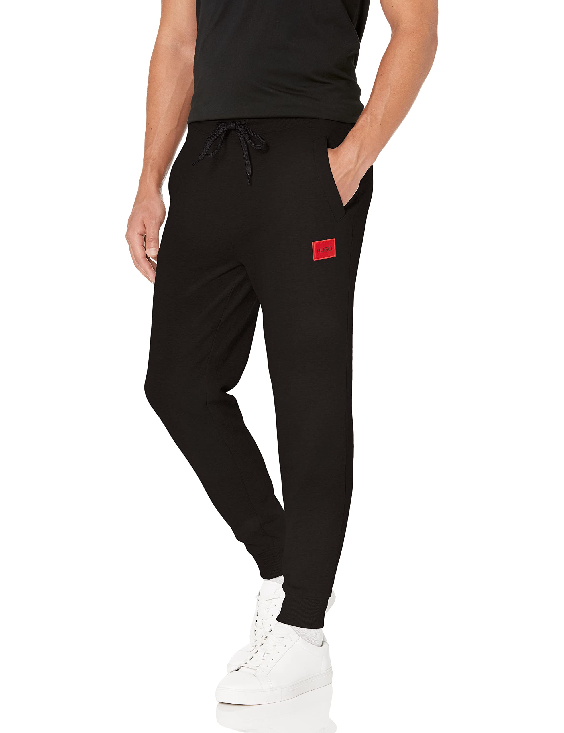 HUGO Boss Mens Regular Fit Square Logo Jersey Drawstring Joggers Sweatpants, Raven Black, Large US