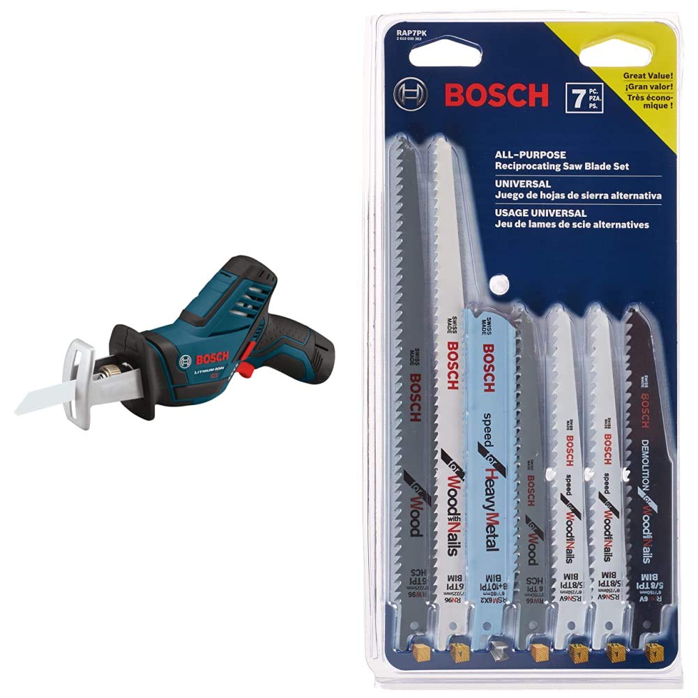 BOSCH 12-Volt Max Pocket Reciprocating Saw Kit PS60-102, Blue and RAP7PK 7-Piece Reciprocating Saw Blade Set