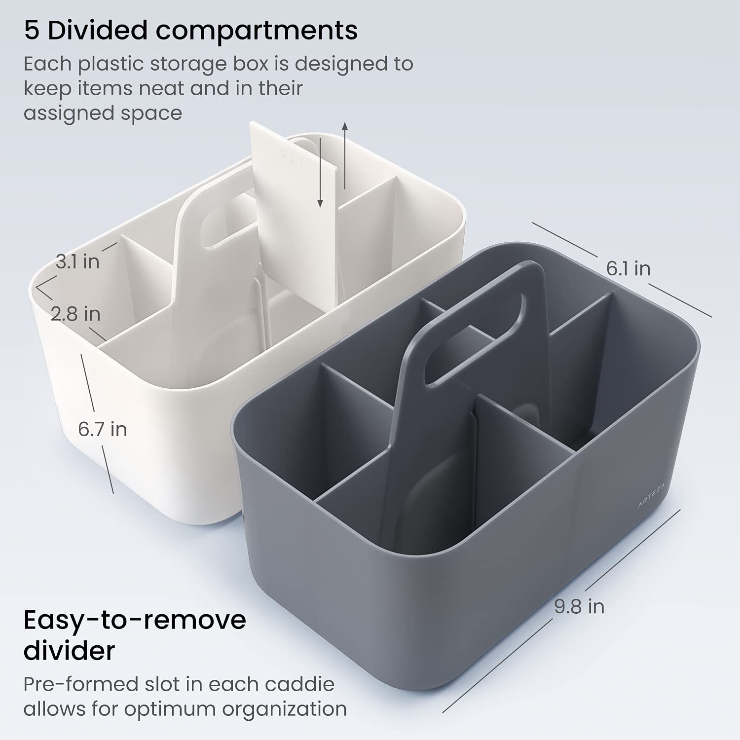 ARTEZA Storage Caddy Pack of 2, Gray and Ivory, 5-Compartment Plastic Caddy Organizer with Easy-to-Remove Divider Partition