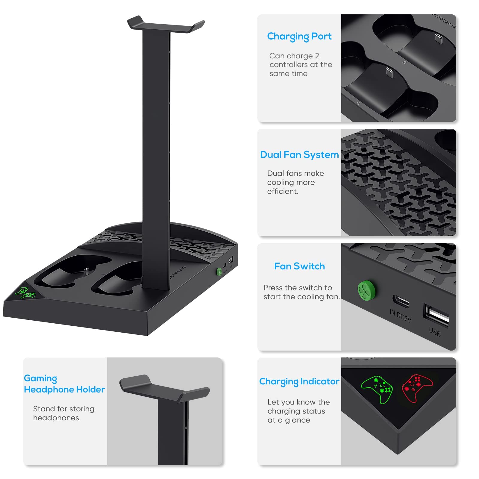 Charger Stand with Cooling Fan for Xbox Series S Console and Controller,Vertical Dual Charging Dock Accessories with 2 x 1400mAh Rechargeable Battery and Cover, Earphone Bracket for XSS(Black)