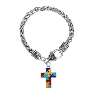 Autism Awareness Bracelets Puzzle Jigsaw Love Heart Cross Charm Bracelet Teach Love Autism Puzzle Pieces Classic Charms Bracelet Autism Awareness Jewelry Appreciation Gift-Cross