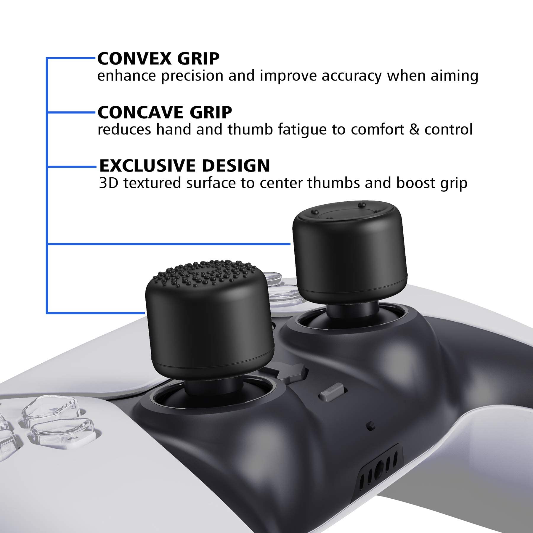 PlayVital Black Ergonomic Thumbstick Grips for Nintendo Switch Pro, PS5, for PS4, Xbox Series X/S, Xbox One, Xbox One X/S Controller - with 3 Height Convex and Concave - Raised Dots & Studded Design