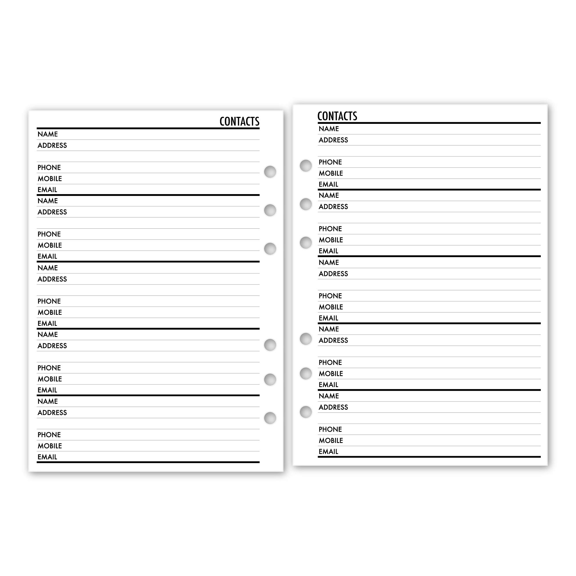 A5 Contacts Address Book Planner Insert Refill, 5.83″ x 8.27″, Fits 6-Rings Binders - Filofax, LV GM, Moterm, Choice of Quantity