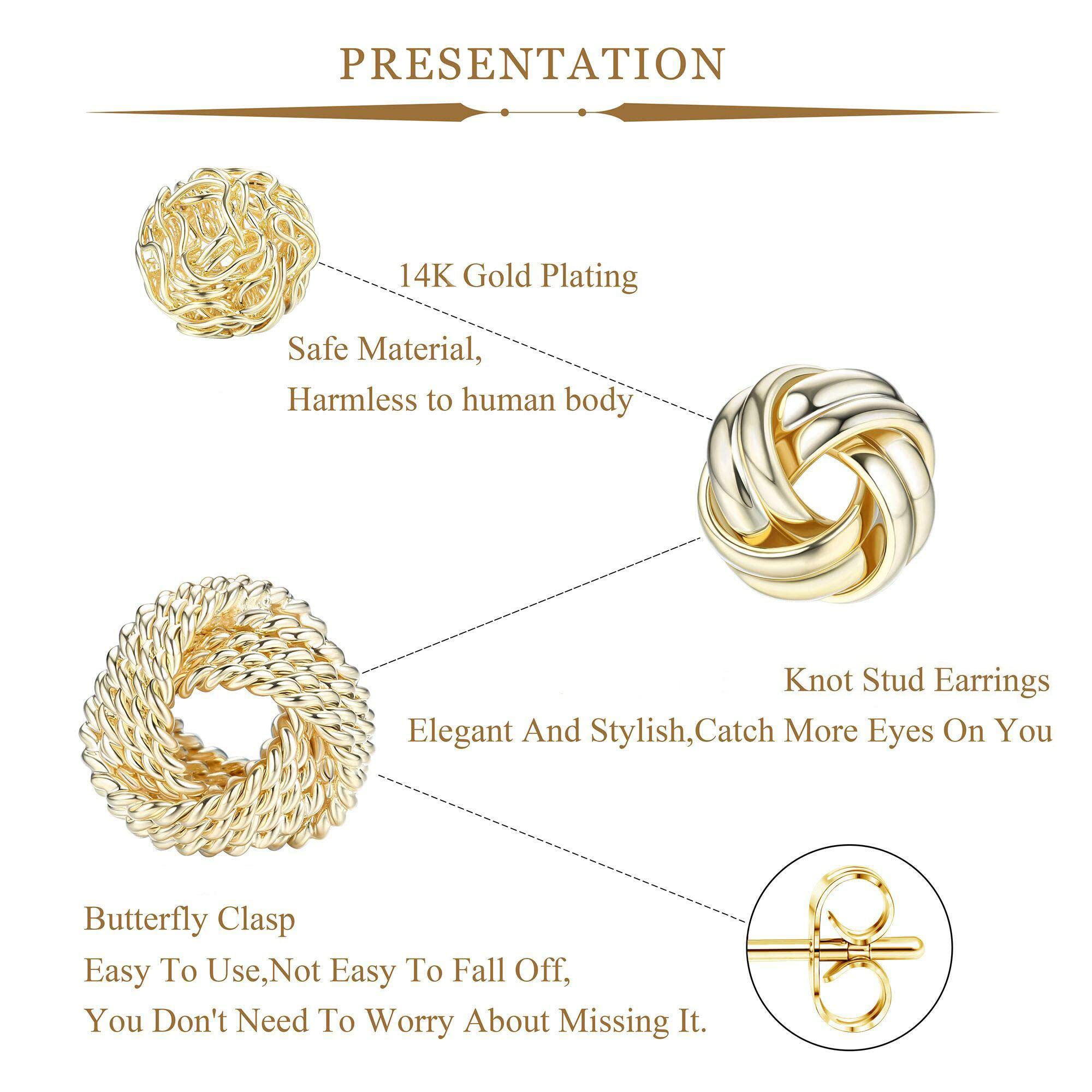 FIBO STEEL 3 Pairs Gold Knot Earrings For Women Men 14K Gold Plated Woven Ball Stud Earrings Simple Post earrings For Women Gold