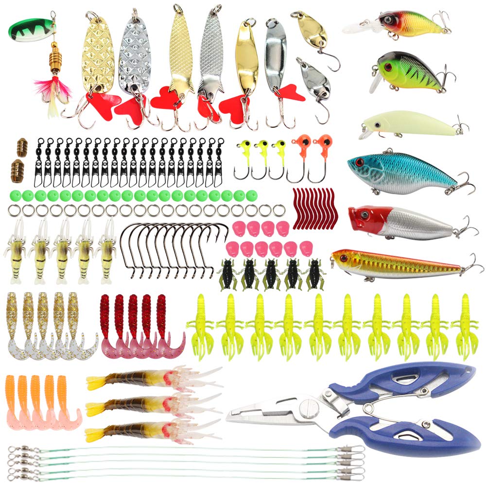 146pcs Fishing Lure Set Including Frog Lures Soft Fishing Lure Hard Metal Lure VIB Rattle Crank Popper Minnow Pencil Metal Jig Hook for Trout Bass Salmon with Free Tackle Box