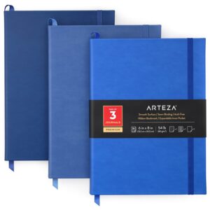 arteza journals, pack of 3, 6x8 inches, 96 sheets, cobalt blue, med blue, and navy, hardcover noteboos with smooth lined, blank and dotted paper