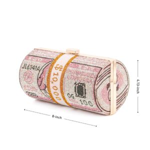 TANOSII Women Stack of Cash Evening Bag Crystal Rhinestone Clutch Money Shoulder Bag Dollar Bill Purse Cylindrical Shape Pink