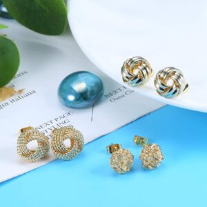 FIBO STEEL 3 Pairs Gold Knot Earrings For Women Men 14K Gold Plated Woven Ball Stud Earrings Simple Post earrings For Women Gold