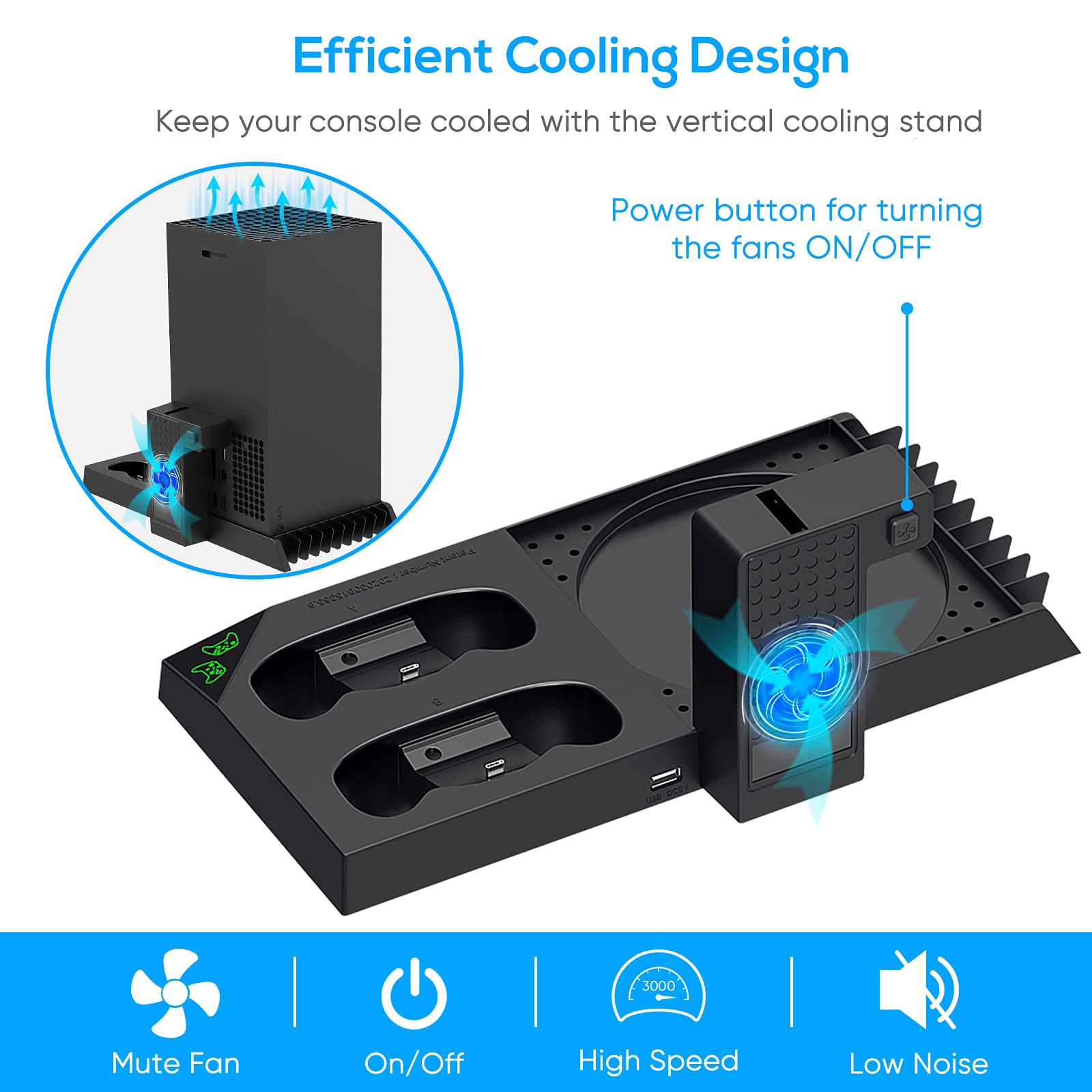 Vertical Cooling Stand for Xbox Series X, Dual Controller Charging Dock Station for Xbox Series X Cooler Cooling Fan with 2 Pack 1400mAh Rechargeable Batteries, 10 Games Storage and Headset Stand