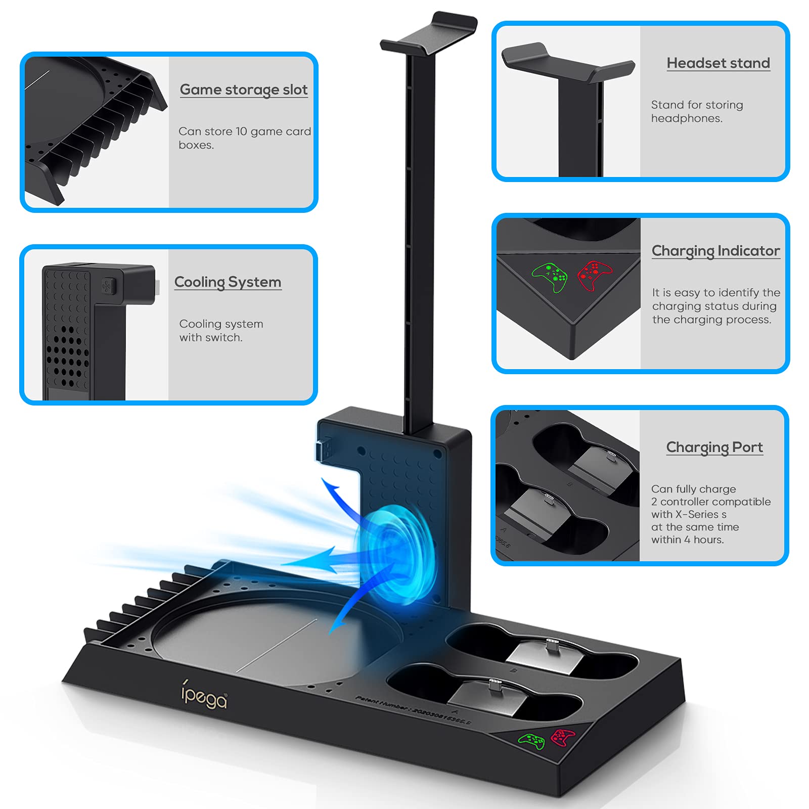 Vertical Cooling Stand for Xbox Series X, Dual Controller Charging Dock Station for Xbox Series X Cooler Cooling Fan with 2 Pack 1400mAh Rechargeable Batteries, 10 Games Storage and Headset Stand