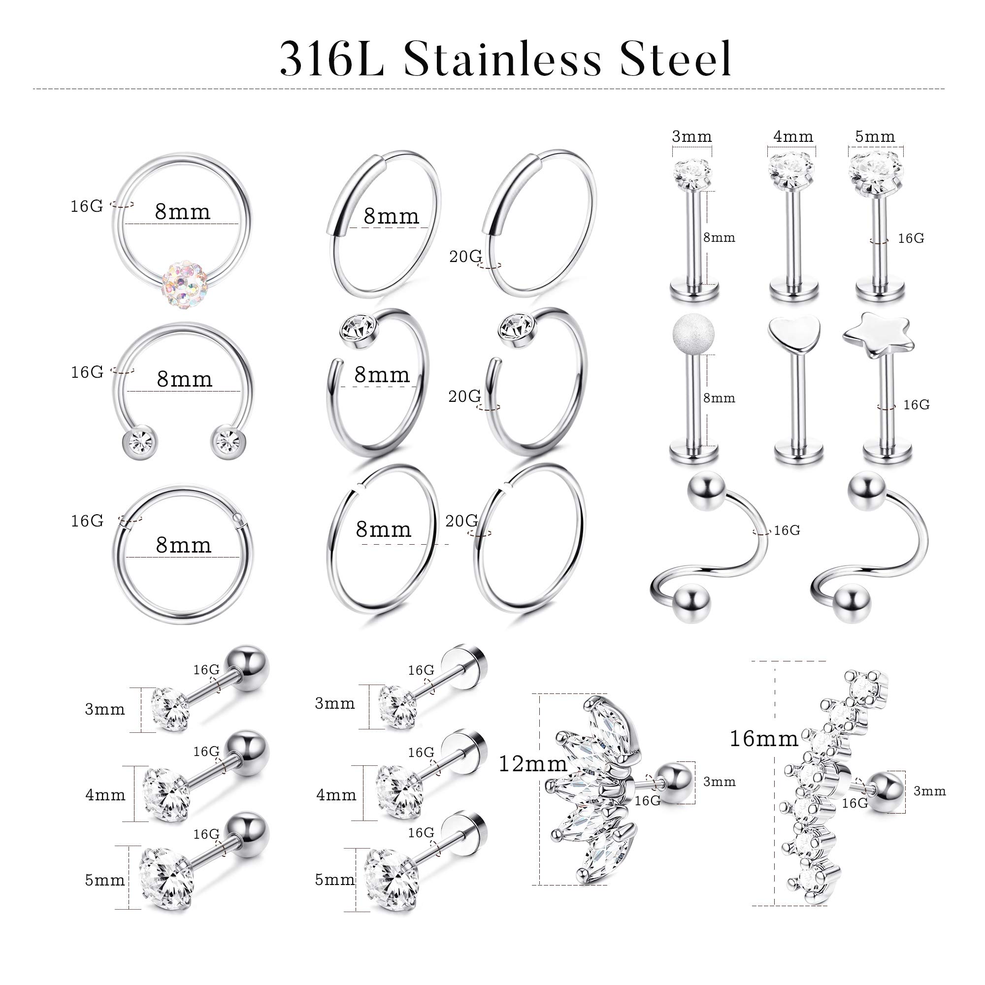 LOYALLOOK 25Pcs Cartilage Earrings Hoop Studs for Women 16-20G Labret Flat Ball Back Earrings Daith Tragus Helix Earrings