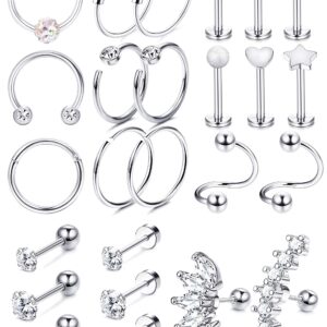 LOYALLOOK 25Pcs Cartilage Earrings Hoop Studs for Women 16-20G Labret Flat Ball Back Earrings Daith Tragus Helix Earrings