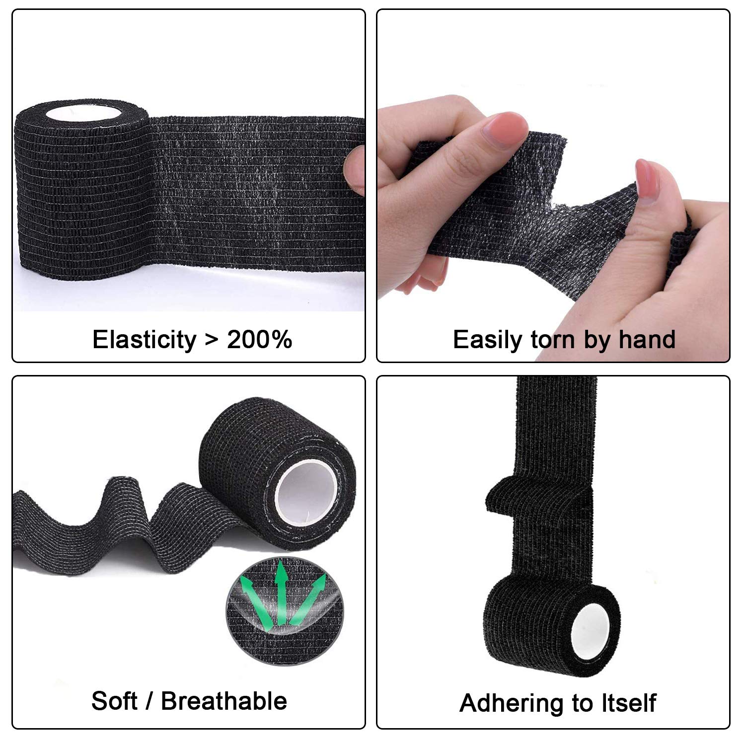 GOETOR Tattoo Grip Cover Wrap 2 Inch x 5 Yards 4 Rolls Breathable Self Adherent Wraps Black Elastic Bandage Tape for Tattoo Grip Cover Sports Wrist Ankle Sprains & Swelling (Black)