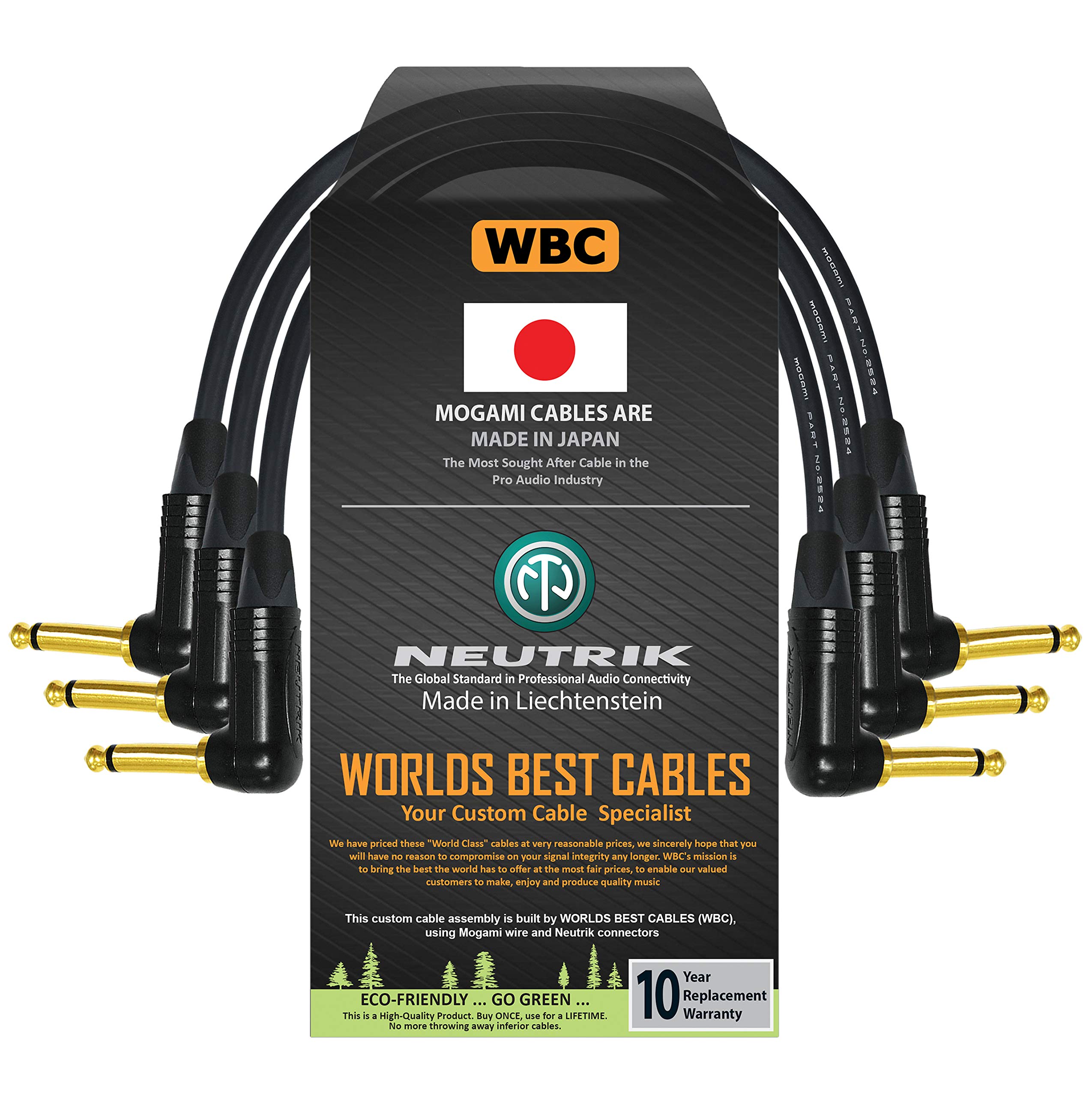 WORLDS BEST CABLES 3 Units - 12 Inch - Guitar Instrument Cable Custom Made Using Mogami 2524 Wire and Neutrik NP2RX-B ¼ Inch (6.35mm) Right Angled Gold TS Connectors