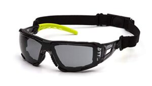 pyramex fyxate safety glasses gray lens h2max af with foam padding and lime temples