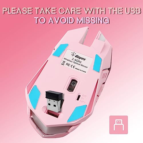 VEGCOO Pink Wireless Gaming Mouse, Silent Click Wireless Mouse with Colorful RGB LED Lights, Rechargeable Computer Mice with Side Buttons and 3 Level DPI, for Laptop and Desktop