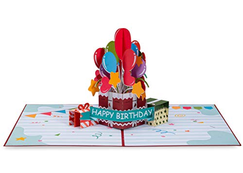 Paper Love Happy Birthday Balloons Pop Up Card, Handmade 3D Popup Cards, For Adults and Kids - 5" x 7" Cover - Includes Envelope and Note Tag