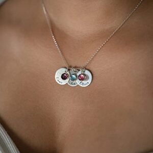 AJ's Collection Round Triple Hammered Edge Personalized Charm Necklace. Customize a Sterling Silver Round Pendant with Names and Swarovski Birthstones of Your Choice. Makes Gifts for Her