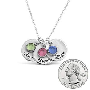 AJ's Collection Round Triple Hammered Edge Personalized Charm Necklace. Customize a Sterling Silver Round Pendant with Names and Swarovski Birthstones of Your Choice. Makes Gifts for Her