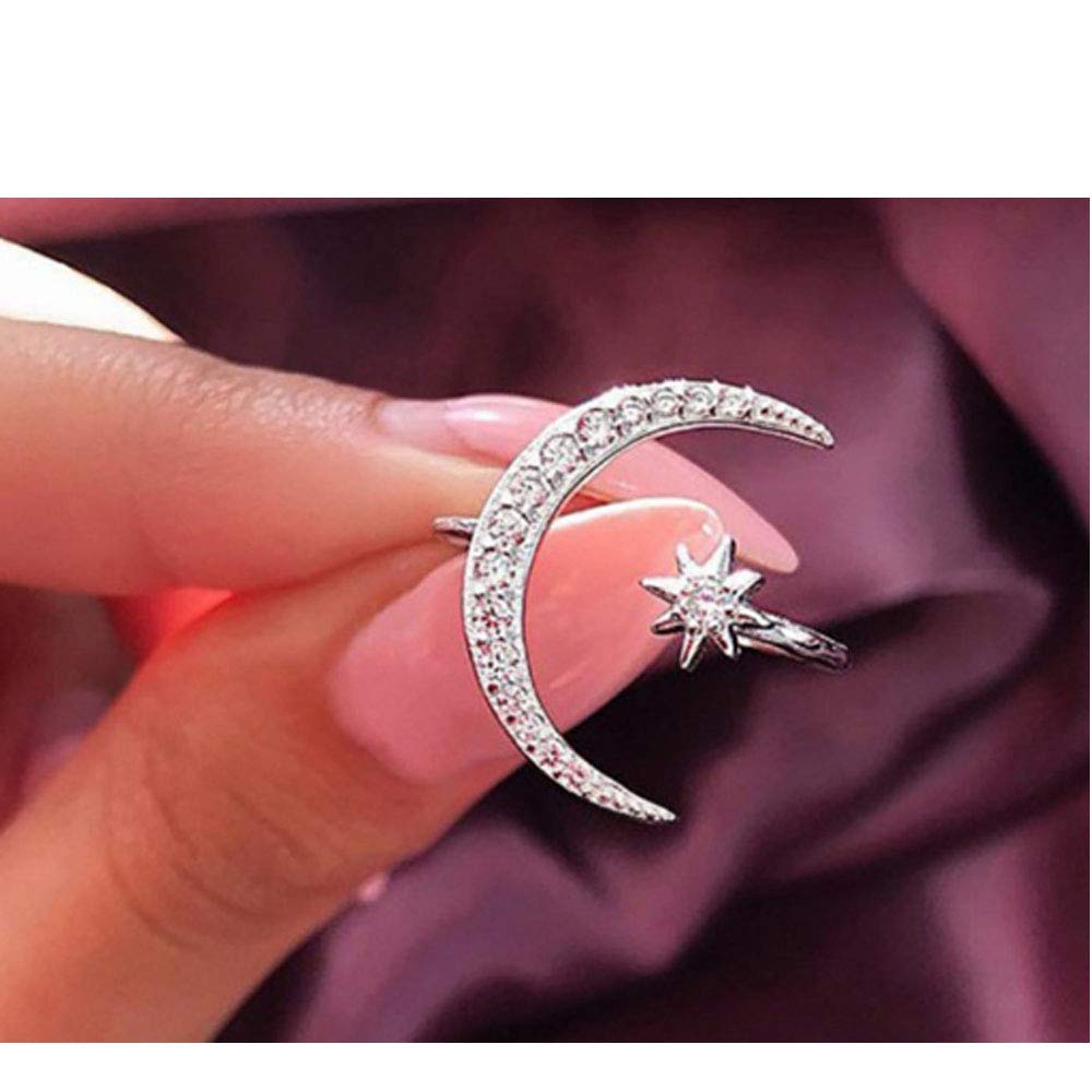 Dainty Moon Star CZ Adjustable Rings for Women Girls Teen Dainty Cute Sun Classic Statement Open Ring Stacking Toe Finger Band Ring Jewelry Birthday Gift (silver)